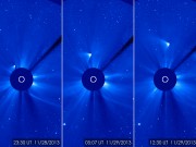 ISON появляется в виде белого мазка и отправляется вверх, и в сторону от Солнца! ISON не было видно во время его наибольшего сближения с Солнцем, поэтому многие ученые думали, что ядро распалось, но изображение, как это от ESA/NASA Solar and Heliospheric Observatory. Дает предположение о повреждении кометы. Остается вопрос, является ли это просто остатки от кометы или некоторая часть ядра кометы выжила.